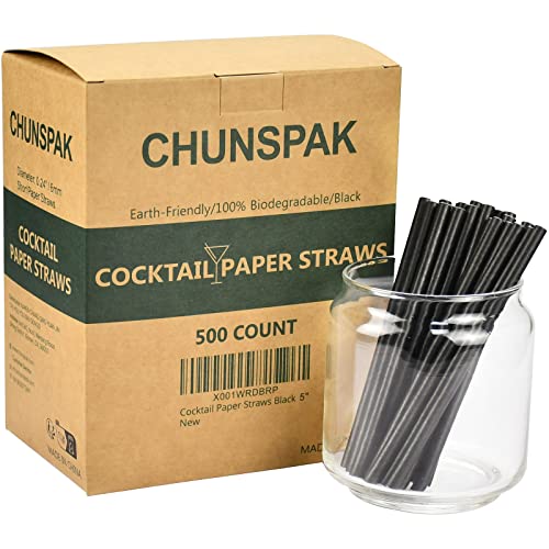 Paper Cocktail Straws 5 inch - 500 ct. Biodegradable Small Black Paper Drinking Straws Bulk for Short Drinks, Restaurant, Bar, Food Services