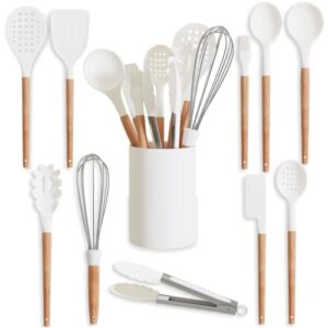 silicone kitchen utensils set | white kitchen utensils with holder (11 pc) - non stick kitchen accesories for cooking - white kitchen set with wooden handle by five14