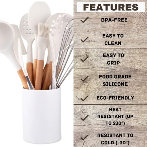 Silicone Kitchen Utensils Set | White Kitchen Utensils with Holder (11 PC) - Non Stick Kitchen Accesories for Cooking - White Kitchen Set with Wooden Handle by Five14