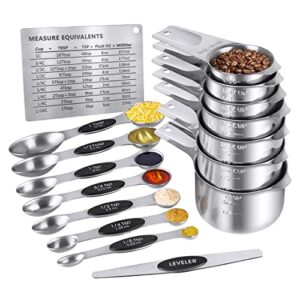 measuring cups set and magnetic measuring spoons set,qtoikce 18/8 stainless steel 7 measure cups and 7 magnetic measure spoons,1 leveler & 1 conversion chart for dry and liquid ingredient