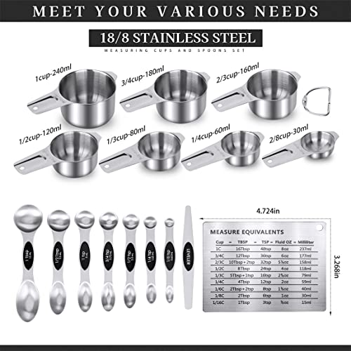 Measuring Cups Set and Magnetic Measuring Spoons Set,QtoiKce 18/8 Stainless Steel 7 Measure Cups and 7 Magnetic Measure Spoons,1 Leveler & 1 Conversion Chart for Dry and Liquid Ingredient