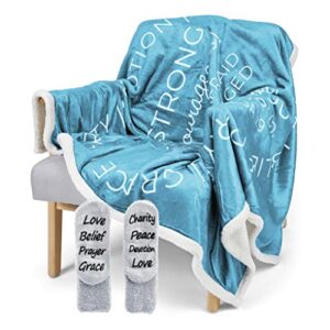 Bloom Enterprise Scripture Blanket - Religious Throw Blanket Makes Ideal Christian Gifts for Women - Prayer Blanket Has Bible Verse Joshua 1:9, Healing Blanket for Women & Christian Socks (Teal)