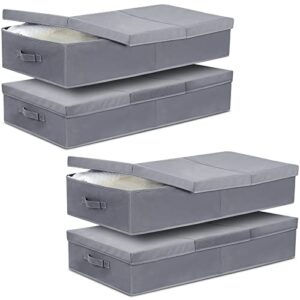 4 pack under bed storage bins with lids large underbed storage containers with 3 handles long flat stackable underbed storage containers for organizing clothes, shoes, toys, blanket, garage boxes
