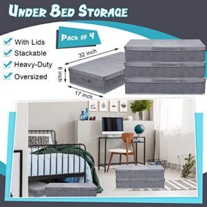 4 Pack Under Bed Storage Bins with Lids Large Underbed Storage Containers with 3 Handles Long Flat Stackable Underbed Storage Containers for Organizing Clothes, Shoes, Toys, Blanket, Garage Boxes