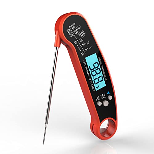 Nescope Digital Meat Thermometer Instant Read Waterproof Food Thermometer BBQ Thermometer with Backlight Magnet Calibration Thermometer for Kitchen Outdoor Cooking BBQ Grill Candy (Red) (Red)