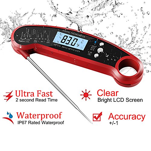 Nescope Digital Meat Thermometer Instant Read Waterproof Food Thermometer BBQ Thermometer with Backlight Magnet Calibration Thermometer for Kitchen Outdoor Cooking BBQ Grill Candy (Red) (Red)