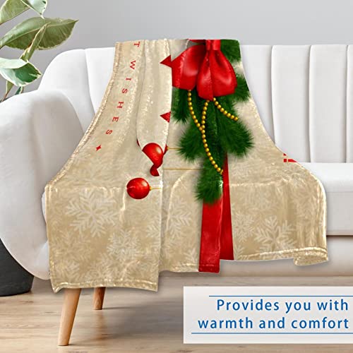 Merry Christmas Card with Red Bow Ribbon Prints Soft Warm Cozy Blanket Throw for Bed Couch Sofa Picnic Camping Beach, 150×100cm