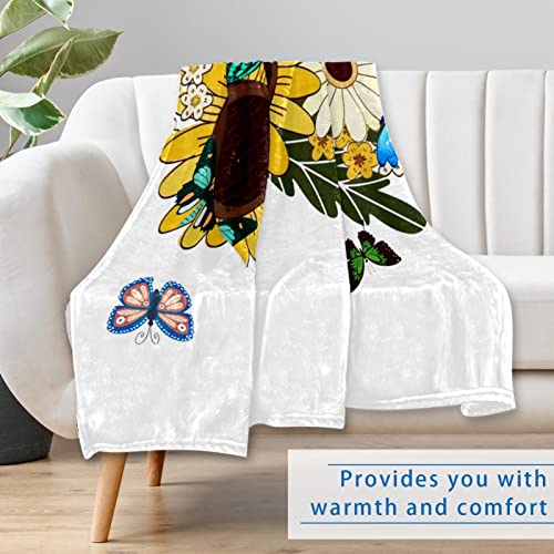 Beautiful Butterfly Sunflower Prints Soft Warm Cozy Blanket Throw for Bed Couch Sofa Picnic Camping Beach, 150×100cm