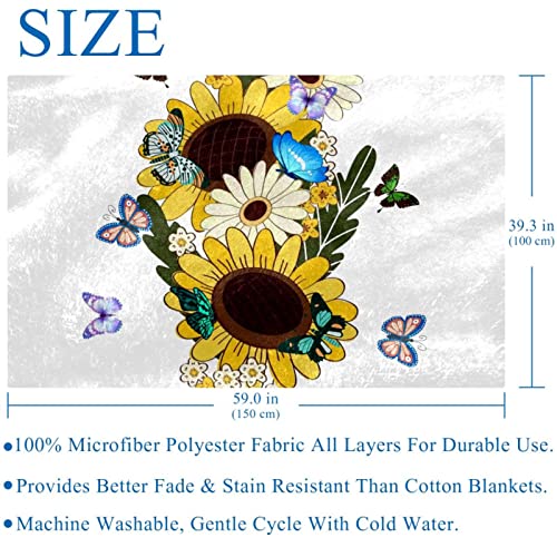 Beautiful Butterfly Sunflower Prints Soft Warm Cozy Blanket Throw for Bed Couch Sofa Picnic Camping Beach, 150×100cm