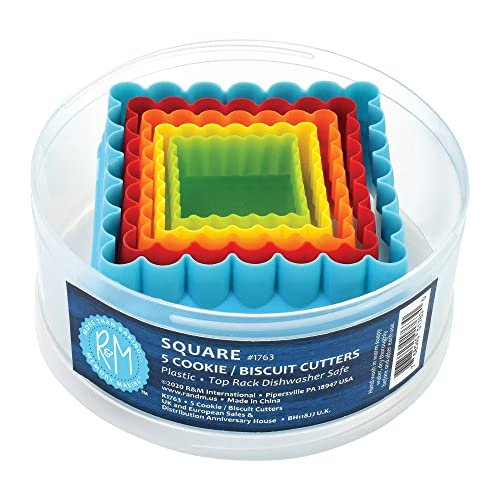 R&M International Square Cookie and Biscuit Cutters, Assorted Sizes, Bright Colors, 5-Piece Set