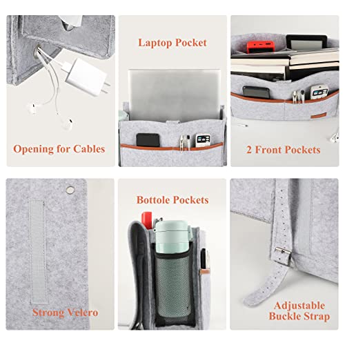 Surblue Bedside Caddy Felt Bed Storage Organizer Hanging Bag with Tissue Box and Water Bottle Pocket for Mattress Sofa Bunk Bed Bed Rails Lightgray