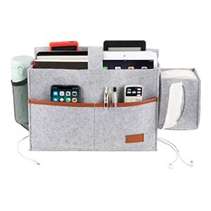 Surblue Bedside Caddy Felt Bed Storage Organizer Hanging Bag with Tissue Box and Water Bottle Pocket for Mattress Sofa Bunk Bed Bed Rails Lightgray
