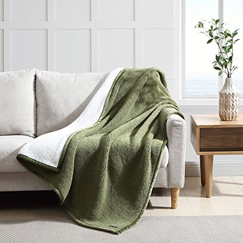 Nautica- Throw Blanket, Ultra Soft Plush Sherpa Home Décor, Reversible All Season Bedding (Solid Green/Ivory, 50 x 60)