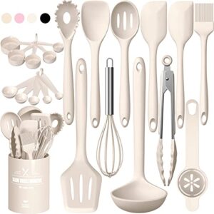 silicone kitchen cooking utensils set, umite chef 22pcs heat resistant kitchen utensils, spatula, spoon, whisk, dishwasher safe kitchen utensil gadgets tools set for nonstick cookware(khaki)