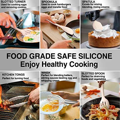 Silicone Kitchen Cooking Utensils Set, Umite Chef 22Pcs Heat Resistant Kitchen Utensils, Spatula, Spoon, Whisk, Dishwasher Safe Kitchen Utensil Gadgets Tools Set for Nonstick Cookware(Khaki)