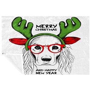 yorkie puppy with santa antler and red glasses prints soft warm cozy blanket throw for bed couch sofa picnic camping beach, 150×100cm