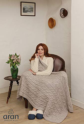 Irish Cable Knit Blanket Supersoft Merino Wool Throw Made in Ireland 40" x 60" (Toasted Oat)