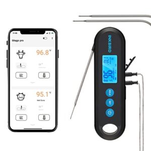 inkbird hybrid thermometer between a remote bluetooth bbq meat thermometer with 2 probes and an instant-read thermometer,rechargeable grill thermometer with temperature alarms and graph, calibration