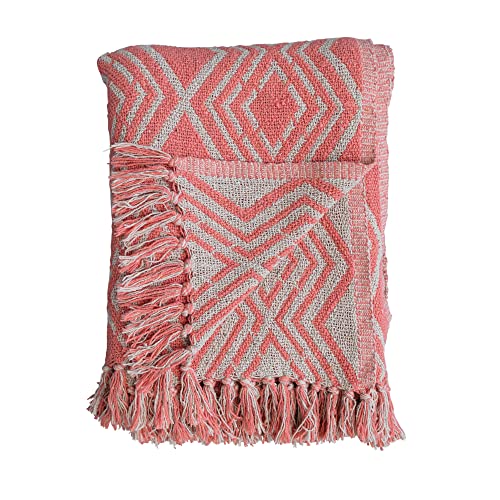 Creative Co-Op Recycled Cotton Blend Geometric Design and Fringe, Multicolor Throw Blanket, Pink