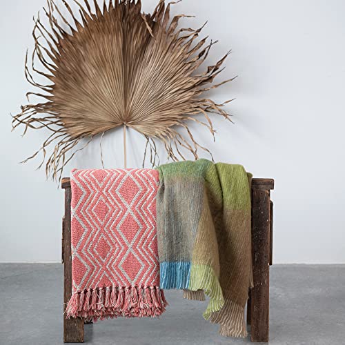 Creative Co-Op Recycled Cotton Blend Geometric Design and Fringe, Multicolor Throw Blanket, Pink