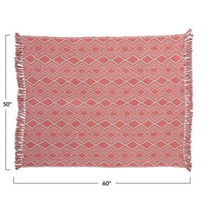 Creative Co-Op Recycled Cotton Blend Geometric Design and Fringe, Multicolor Throw Blanket, Pink