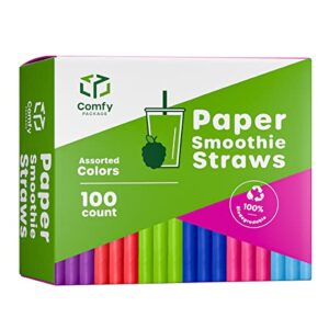 paper jumbo smoothie straws,100% biodegradable [100 pack] assorted colors