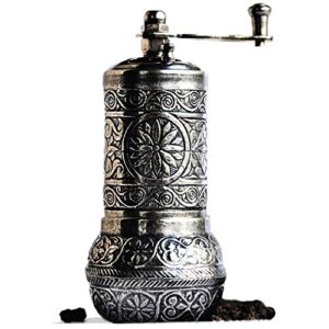 bazaar anatolia turkish pepper mill grinder refillable spice 4.2" manual crank handle (dark silver)