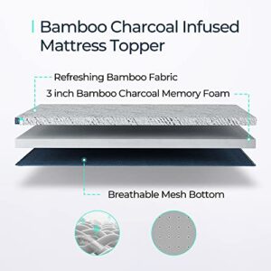 LINSY LIVING Mattress Topper Twin, 3-inch Bamboo Charcoal Infused Memory Foam Mattress Topper, Twin Size Bed Topper with Removable Bamboo Fiber Cover, Ventilated Design, CertiPUR-US Certified