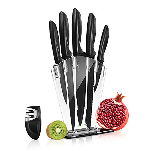 NutriChef 7 Piece Kitchen Knife Set - Stainless Steel Kitchen Precision Knives Set w/ 5 Knives & Bonus Sharpener, Acrylic Block Stand - Cutting Slicing, Chopping, Dicing NCKNS7X