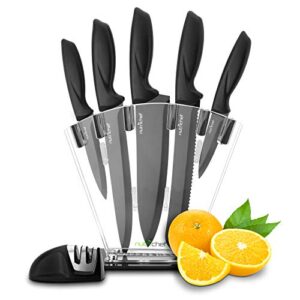 NutriChef 7 Piece Kitchen Knife Set - Stainless Steel Kitchen Precision Knives Set w/ 5 Knives & Bonus Sharpener, Acrylic Block Stand - Cutting Slicing, Chopping, Dicing NCKNS7X