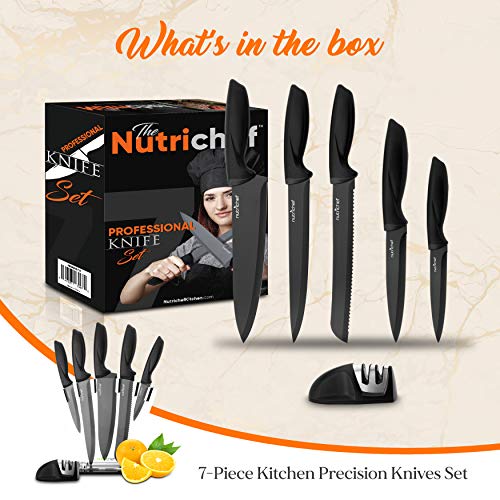 NutriChef 7 Piece Kitchen Knife Set - Stainless Steel Kitchen Precision Knives Set w/ 5 Knives & Bonus Sharpener, Acrylic Block Stand - Cutting Slicing, Chopping, Dicing NCKNS7X