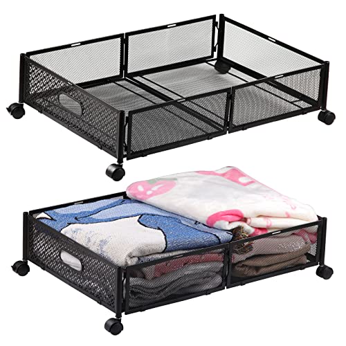 Under Bed Storage,Under Bed Storage Containers With Wheels and Handles,Tool-Free Foldable Heavy Duty Metal Underbed Storage Drawer For Blanket Shoes Clothes Toys -2 Pack