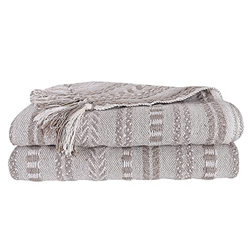 Farmhouse Throw Blanket Pure Cotton Woven Stripe Knitted Blankets Soft and Cozy with Decorative Tassel for Chair, Couch and Picnic Throws - Brown - 50 x 60 Inches