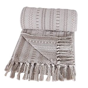 Farmhouse Throw Blanket Pure Cotton Woven Stripe Knitted Blankets Soft and Cozy with Decorative Tassel for Chair, Couch and Picnic Throws - Brown - 50 x 60 Inches