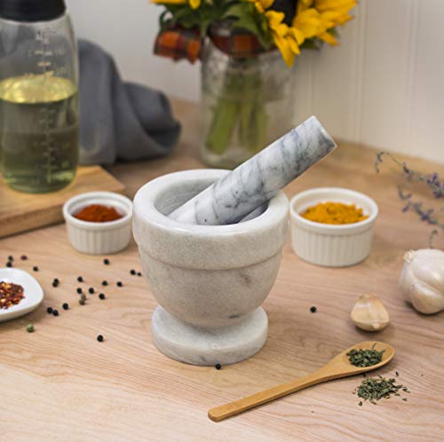 HIC Footed Mortar and Pestle Set, Spice Herb Grinder, Solid Carrara Marble