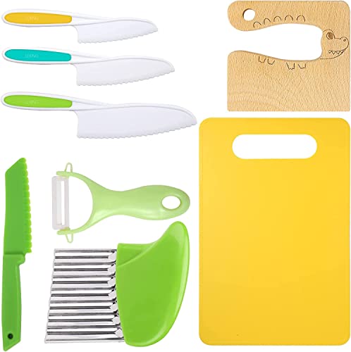 Leking 8 Pcs Wooden Kids Kitchen Knife, Plastic Kids Knife Set Include Wood Kids Safe Knife, Serrated Edges Plastic Toddler Knife, Plastic Potato Slicers, Sandwich Cutter, Y Peeler and Cutting Board