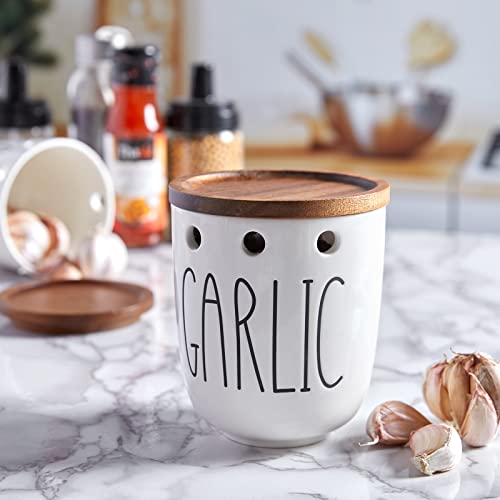 DAYYET Garlic Keeper for Counter, Ceramic Garlic Keeper with Acacia Wood Lid, Garlic Holder Storage Container to Keep Your Garlic Cloves Fresh Longer, Garlic Saver for Kitchen, White