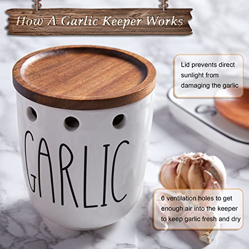 DAYYET Garlic Keeper for Counter, Ceramic Garlic Keeper with Acacia Wood Lid, Garlic Holder Storage Container to Keep Your Garlic Cloves Fresh Longer, Garlic Saver for Kitchen, White