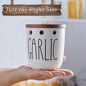 DAYYET Garlic Keeper for Counter, Ceramic Garlic Keeper with Acacia Wood Lid, Garlic Holder Storage Container to Keep Your Garlic Cloves Fresh Longer, Garlic Saver for Kitchen, White