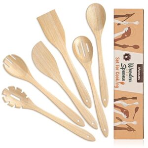 mooues 6 piece wooden spoons for cooking set bamboo kitchen utensils set smooth surface non-stick cooking utensils set comfortable grip wooden utensils for cooking, housewarming holiday gift