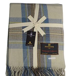 patrick king woollen company merino wool tartan throw blanket 69" x 62" stewart muted blue fringed plaid blanket for home decor, camping & everyday use | warm thick durable sustainable wool throw