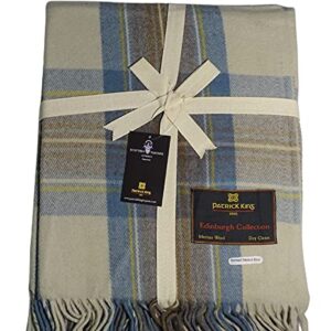 Patrick King Woollen Company Merino Wool Tartan Throw Blanket 69" x 62" Stewart Muted Blue Fringed Plaid Blanket for Home Decor, Camping & Everyday Use | Warm Thick Durable Sustainable Wool Throw