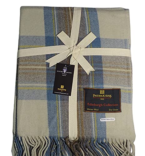 Patrick King Woollen Company Merino Wool Tartan Throw Blanket 69" x 62" Stewart Muted Blue Fringed Plaid Blanket for Home Decor, Camping & Everyday Use | Warm Thick Durable Sustainable Wool Throw