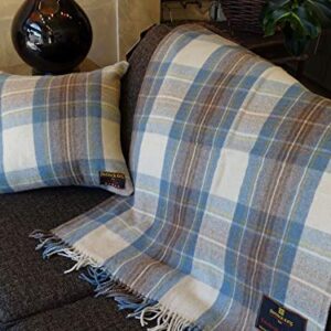 Patrick King Woollen Company Merino Wool Tartan Throw Blanket 69" x 62" Stewart Muted Blue Fringed Plaid Blanket for Home Decor, Camping & Everyday Use | Warm Thick Durable Sustainable Wool Throw