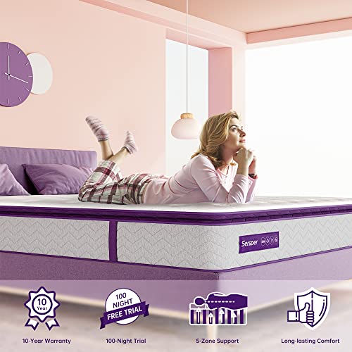 Sersper 12 Inch Memory Foam Hybrid Pillow Top Queen Mattress - 5-Zone Pocket Innersprings Motion Isolation -Heavier Coils for Durable Support -Medium Firm -Made in North America