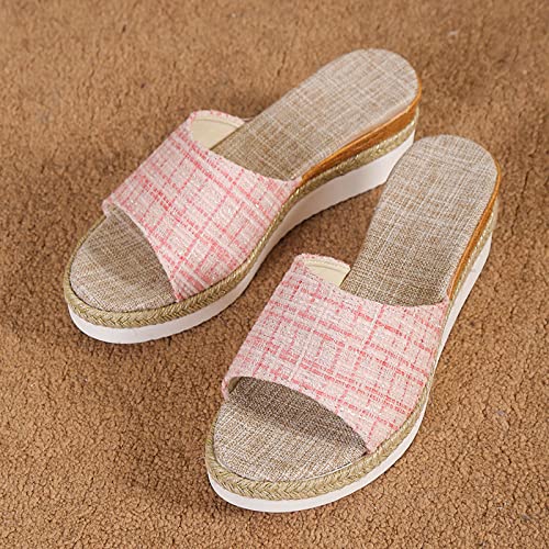 Womens Platform Wedge Sandals Espadrilles Braided Open Toe House Slippers Slip On Summer Mule High Heels Slippers (Pink, 6.5)