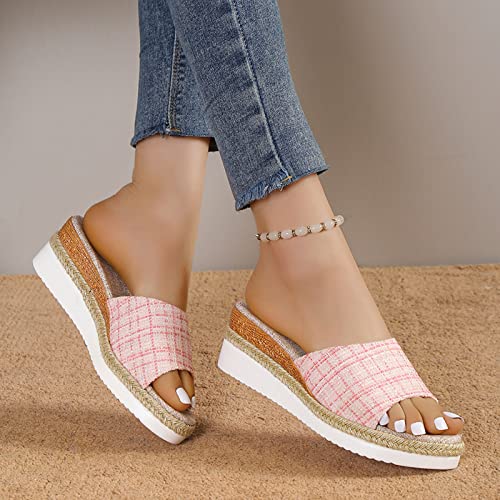 Womens Platform Wedge Sandals Espadrilles Braided Open Toe House Slippers Slip On Summer Mule High Heels Slippers (Pink, 6.5)