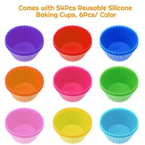 54 Pack Silicone Muffin Cups, Selizo Silicone Cupcake Baking Cups Reusable Muffin Liners Cupcake Wrapper Cups Holders for Muffins, Cupcakes and Candies