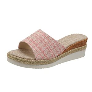 womens platform wedge sandals espadrilles braided open toe slip on summer mule high heels summer house slippers (pink, 7)
