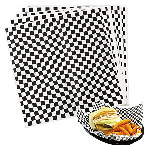 Hslife 100 Sheets Black and White Checkered Dry Waxed Deli Paper Sheets, Paper Liners for Plastic Food Basket, Wrapping Bread and Sandwiches(11''x11.6'')